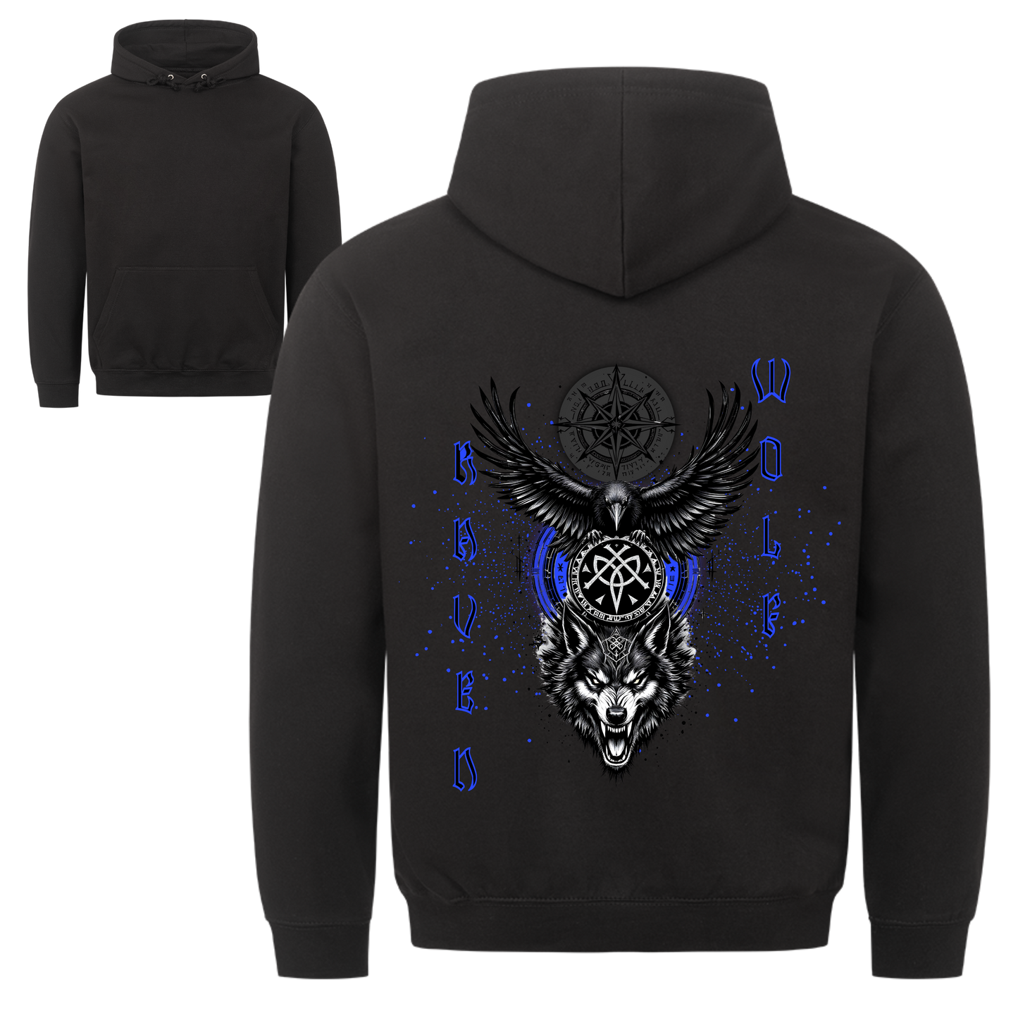 Wikinger Hoodie Raven and Wolf Schwarz Nordische Mythologie Rabe Wolf Vikings Wizards